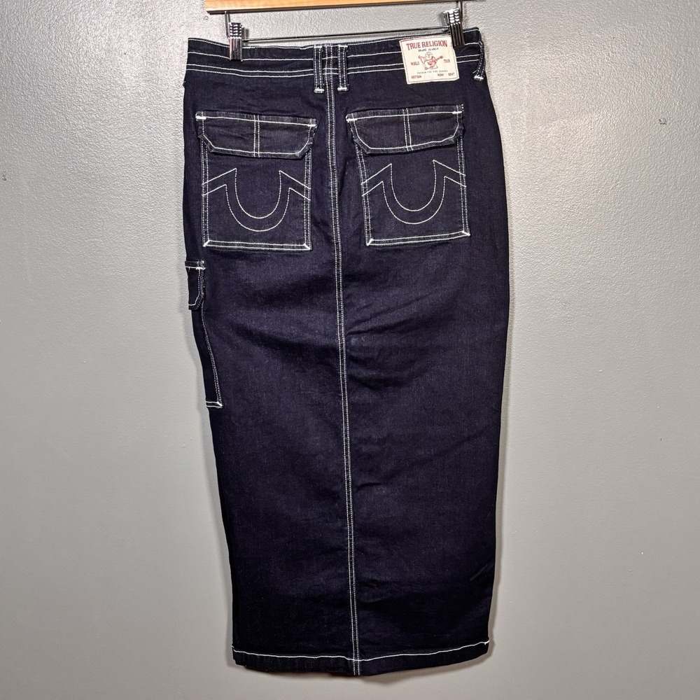 True Religion Demin Maxi Skirt Sz 27 (30) Y2K Cargo Grunge Streetwear Slit Dark - Picture 3 of 9